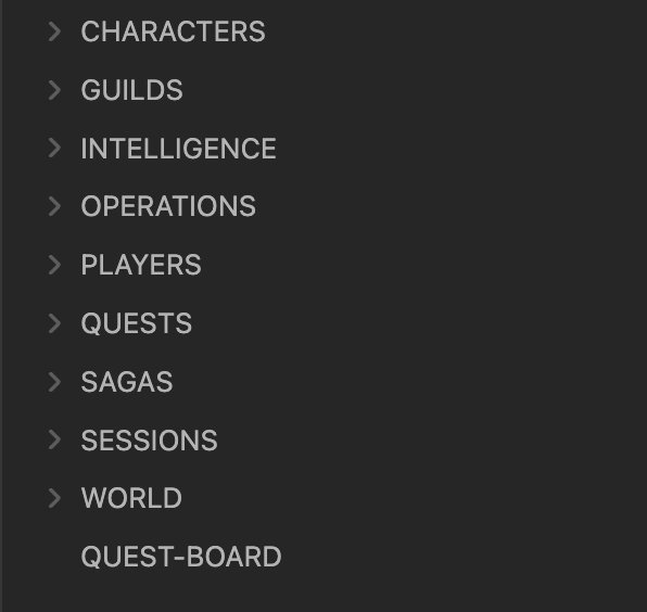 Real Codex folder structure in Obsidian — Niflheim Records vault showing CHARACTERS, GUILDS, INTELLIGENCE, OPERATIONS, PLAYERS, QUESTS, SAGAS, SESSIONS, WORLD folders and QUEST-BOARD file
