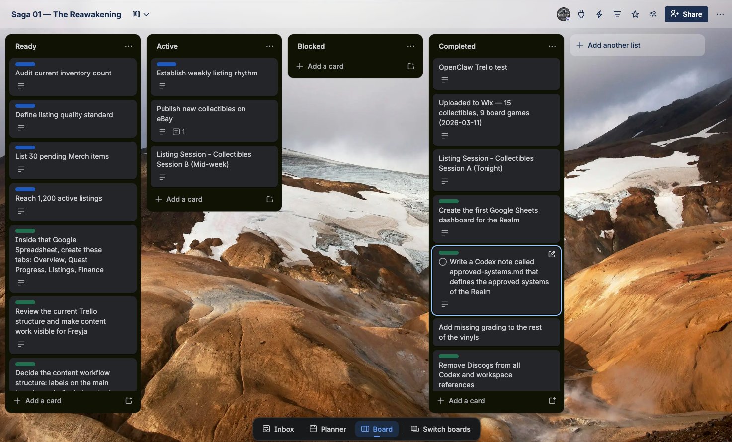 Real Trello board showing Saga 01 — The Reawakening with Ready, Active, Blocked, and Completed columns